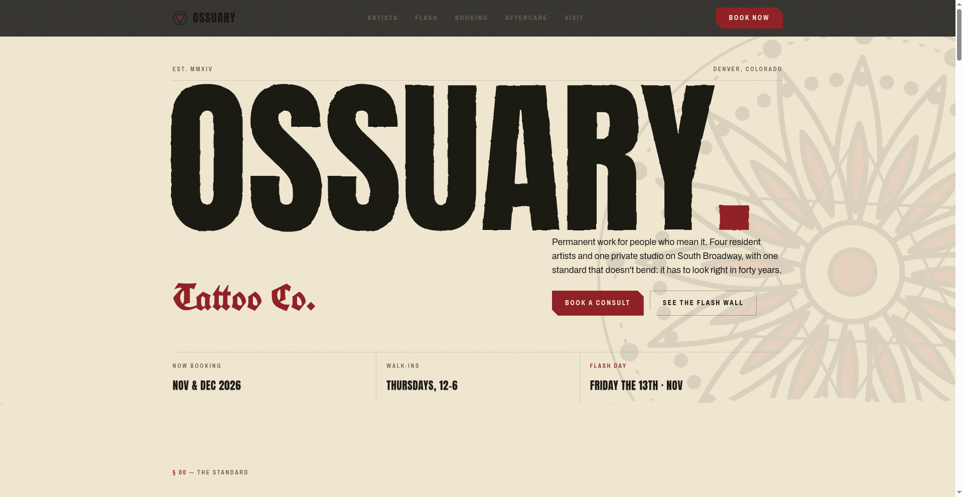 Ossuary Tattoo Co. concept homepage